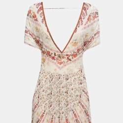 Etro cream Floral Printed Silk Patchwork Detail Plunge Neck Gown L