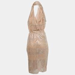 Pre Owned Etro Beige Metallic Silk Knit Backless Draped Midi Dress L