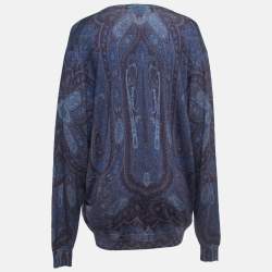 Pre Owned Etro Dark Blue Paisley Wool & Silk Knit V-Neck Sweater 3XL