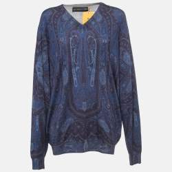 Pre Owned Etro Dark Blue Paisley Wool & Silk Knit V-Neck Sweater 3XL