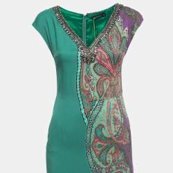 Etro Green Paisley Printed Crepe Embellished Maxi Dress S