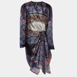 Pre Owned Etro Multicolor Printed Silk Draped Asymmetric Hem Dress L 