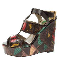 Etro Multicolor Embossed Python Leather Ankle Strap Wedge Sandals Size 36