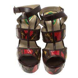 Etro Multicolor Embossed Python Leather Ankle Strap Wedge Sandals Size 36
