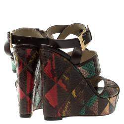 Etro Multicolor Embossed Python Leather Ankle Strap Wedge Sandals Size 36