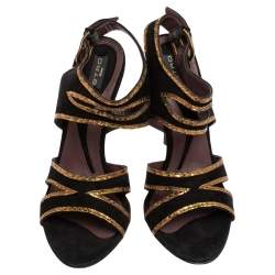 Etro Black/Gold Suede And Python Embossed Trim Ankle Strap Sandals Size 37.5