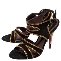 Etro Black/Gold Suede And Python Embossed Trim Ankle Strap Sandals Size 37.5
