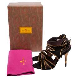 Etro Black/Gold Suede And Python Embossed Trim Ankle Strap Sandals Size 37.5