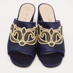 Etro Navy Blue Satin Slide Sandals Size 40