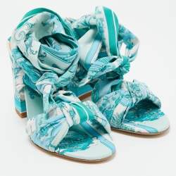 Etro Blue Ornamental Scarf Printed Fabric Block Heel Ankle Wrap Sandals Size 38