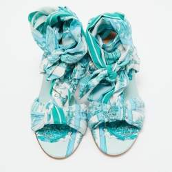 Etro Blue Ornamental Scarf Printed Fabric Block Heel Ankle Wrap Sandals Size 38