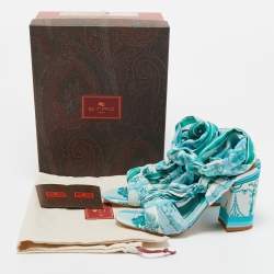 Etro Blue Ornamental Scarf Printed Fabric Block Heel Ankle Wrap Sandals Size 38