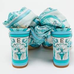 Etro Blue Ornamental Scarf Printed Fabric Block Heel Ankle Wrap Sandals Size 38