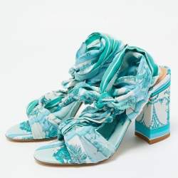 Etro Blue Ornamental Scarf Printed Fabric Block Heel Ankle Wrap Sandals Size 38