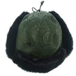 Pre Owned Etro Dark Green Leather and Rabbit Fur Aviator Hat M