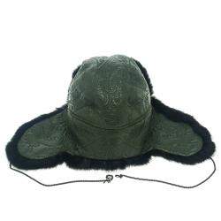 Pre Owned Etro Dark Green Leather and Rabbit Fur Aviator Hat M