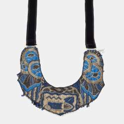 Etro Blue Silk Brocade Crystal Bead Statement Fabric Necklace