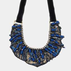 Etro Blue Silk Brocade Crystal Bead Statement Fabric Necklace