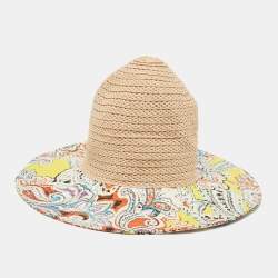 Etro Beige/Purple Printed Cotton and Raffia Hat