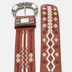 Pre Owned Etro Brown Embroidered Leather Mother of Pearl Buckle Waist Belt M