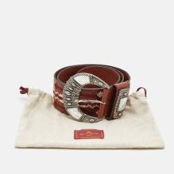 Pre Owned Etro Brown Embroidered Leather Mother of Pearl Buckle Waist Belt M