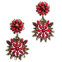 Pre Owned Etro Multicolor Crystal Flower Gold Tone Clip-on Drop Earrings