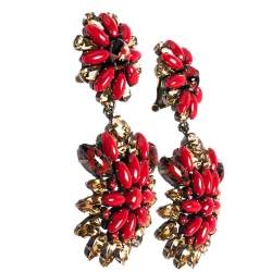 Pre Owned Etro Multicolor Crystal Flower Gold Tone Clip-on Drop Earrings
