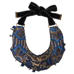 Pre Owned Etro Blue Silk Brocade Crystal and Bead Statement Necklace