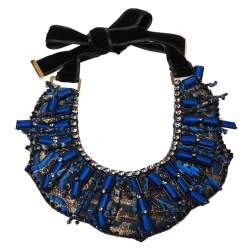 Pre Owned Etro Blue Silk Brocade Crystal and Bead Statement Necklace