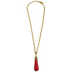 Pre Owned Etro Red Composite Gold Tone Metal Pendant Necklace