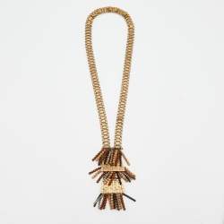 Pre Owned Etro Aged Gold Tone Bead Fringed Long Necklace