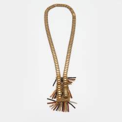 Pre Owned Etro Aged Gold Tone Bead Fringed Long Necklace