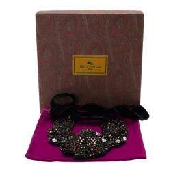 Pre Owned Etro Crystal Studded Bib Black Fabric Necklace