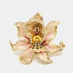 Pre Owned Etro Flower Crystals Enamel Gold Tone Ring Size 53