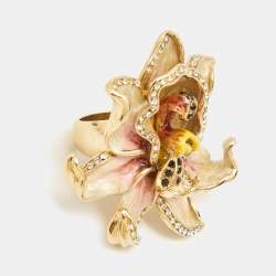 Pre Owned Etro Flower Crystals Enamel Gold Tone Ring Size 53