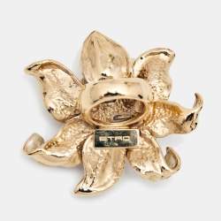 Pre Owned Etro Flower Crystals Enamel Gold Tone Ring Size 53