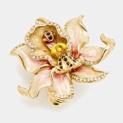 Pre Owned Etro Flower Crystals Enamel Gold Tone Ring Size 53