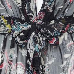 Pre Owned Etro Black Printed Silk V Neck Midi Dress S
