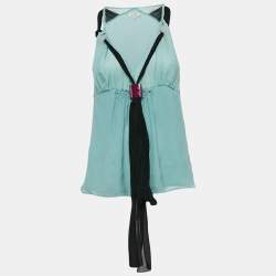 Etro Blue Textured Silk Crepe Sleeveless Bead Detail Top M