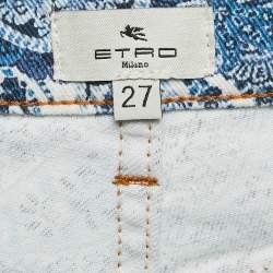 Pre Owned Etro Blue Paisley Print Denim Raw Edge Jeans M Waist 27" 
