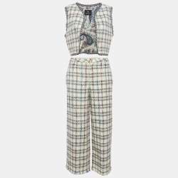 Etro Beige Checks Tweed Open Front Vest and Trousers Set M 
