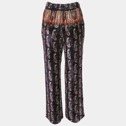 Pre Owned Etro Navy Blue Paisley Print Velvet Wide Leg Trousers S