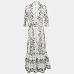 Etro White Floral Print Cotton Gathered Maxi Dress M