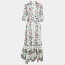 Etro White Floral Print Cotton Gathered Maxi Dress M