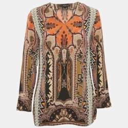 Etro Brown Paisley Print Silk V-Neck Blouse L