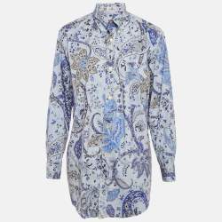 Pre Owned Etro Blue Printed Cotton Blend Button Front Shirt XS
