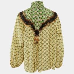 Pre Owned Etro Green/Beige Floral Print Silk Flared Blouse S 