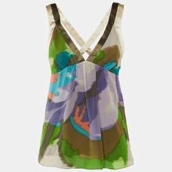 مملوكة م�سبقًا Etro Multicolor Printed Silk Plunge Neck Top M