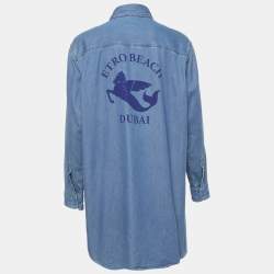 Pre Owned Etro Beach Dubai Blue Logo Print Denim Oversized Shirt S