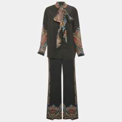 Pre Owned Etro Black Black Printed Silk & Crepe Top & Pants Set S/M